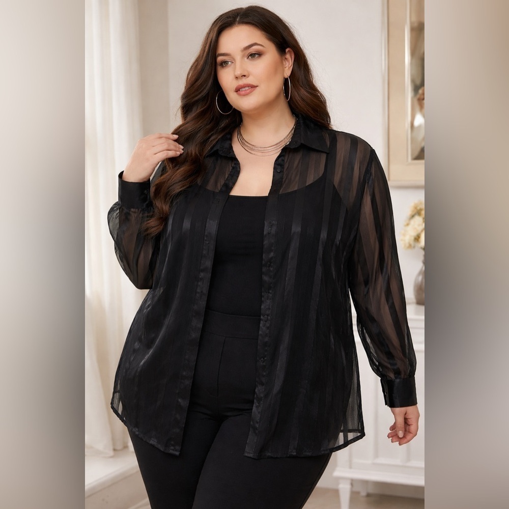 Penningtons Black Sheer Blouse 4X Elegant Stripe Button Up Plus Size